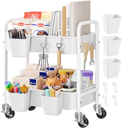 2 Tier Small Rolling Metal Cart with Wheels, White Under Desk Storage Cart on Wheels, Short Utility Roller Carts Organizer for Pantry, Bathroom, Kitchen,Office, Two Tiered Mobile Storage Shelf Trolley - color: Light White, size: 2-Tier + Cups + Hooks