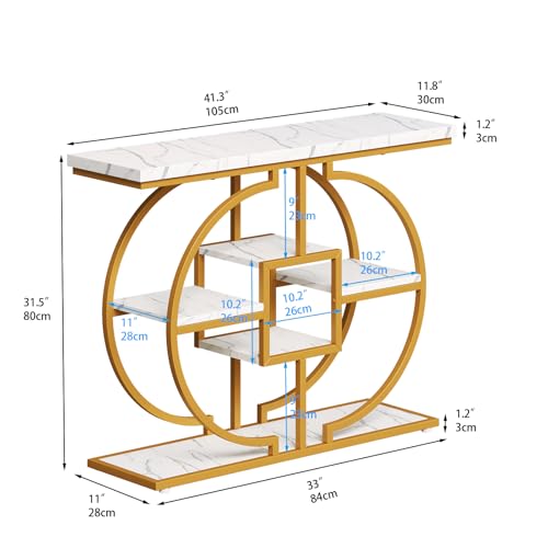 GiftGo Narrow Console Table for Entryway Industrial 4-Tier Sofa Table Behind Couch with Circle Base Rustic Wooden Accent Tables with Storage Shelves for Living Room, Hallway, Foyer (Gold and White) - color: Gold and White