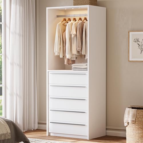 Closet System, Closet Organizer System with Rechargeable Motion Sensor Light Indoor, Walk in Closet Systems with 5 Drawers and Metal Hanging Rods, White