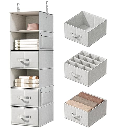 Vailando 6-Shelf Hanging Closet Organizer with 3 Drawers, Closet Hanging Shelves with Removable Fabric Drawers for Wardrobe, Nursery & Dorm Storage, Silver Gray - color: Silver Gray, size: 6-Shelf Inseparable