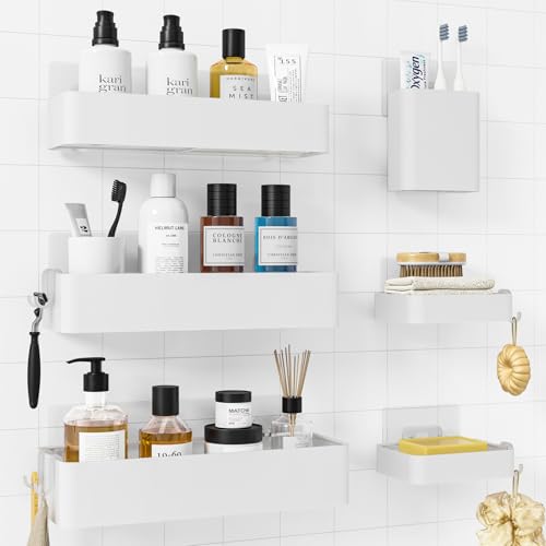 Kitsure Shower Caddy Adhesive - 6-Pack, No-Drilling Shower Shelves with Soap Holder, Toothbrush Holde, 6 Hooks, Rustproof & Stylish Bathroom Organizers and Storage Solution, White, Large - color: White