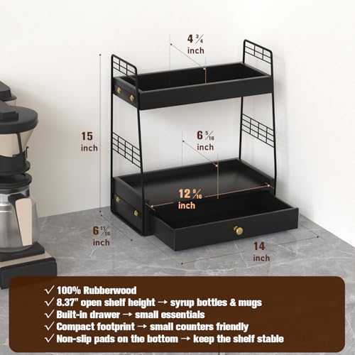 Coffee Bar Station Organizer with Built-In Drawer, 2-Tier Countertop Shelf for Tea Bags, Coffee Accessories, Syrup Bottles (Black) - color: Black