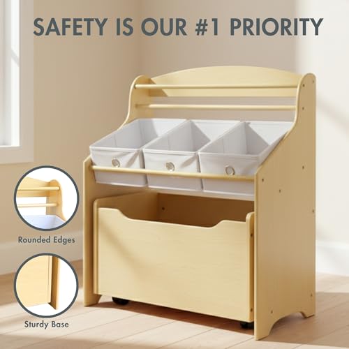 Humble Crew 3-in-1 Kids Bookshelf and Toy Storage Organizer, Natural/White - Toddler Organizers with Rolling Toy Box and 3 Fabric Bins – Sturdy Baby Book Shelf, Perfect for Nursery and Playroom - color: Natural/White