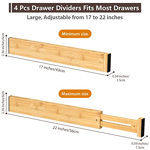 DUCOO 4 PCS Drawer Divider, 17"-22" Adjustable Bamboo Drawer Dividers Organizers, Expandable Separators for Kitchen, Clothes, Dressers, Home, Office - color: Natural