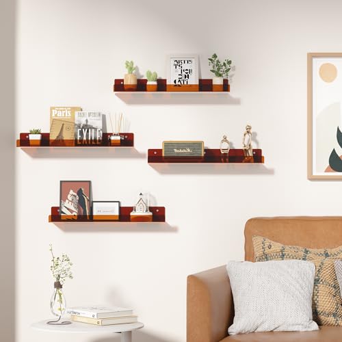 upsimples Acrylic Shelves for Wall Decor, 15" Display Shelf Perfume Organizer for Bathroom, Bedroom, Living Room, Floating Bookshelves for Kids, Clear Brown, 4 Pack - color: Brown
