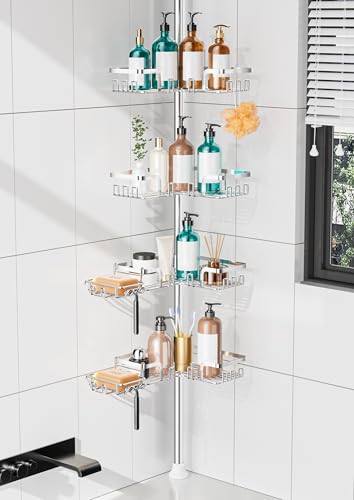 KEGII Shower Caddy Tension Pole – Corner Rustproof Bathroom Organizer with Soap Holder & Hooks, No-Drill Adjustable Shower Shelf for Renters for Families & Renters, 25-114.2 Inch, Silver - color: Silver