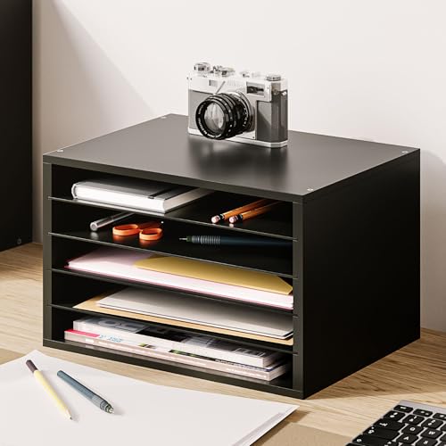 Ballucci 5 Tier Paper Organizer Letter Tray, Wood Desk File Organizer with Adjustable Shelves, Home Office School Letter/A4 Mail Sorter Magazine Holder - Black - color: Black, size: 5 Tier Standard