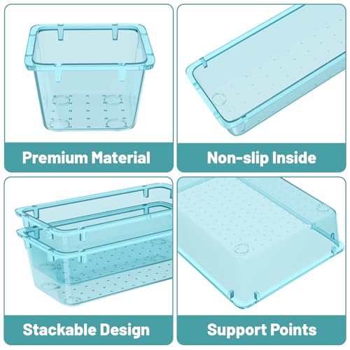 WOWBOX 8 PCS Plastic Drawer Organizer Set, 4 Sizes Desk Drawer Organization and Storage Containers for Makeup, Cosmetics, Jewelry and Gadgets in Kitchen, Bathroom, Bedroom, Office, Clear Sea Blue - color: Sea Blue, size: 8 PCS
