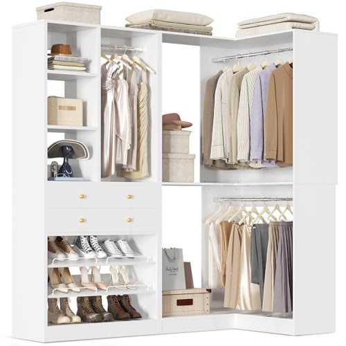 Besiost Corner Closet System with 2 Drawers, 3 Hanging Rods, 59.5" * 31.5" Closet Organizer System with Corner Tower, Reversible L Shaped Walk-in Closet System, Corner Closet System Set of 2, White - color: White, size: 59.5" * 31.5"