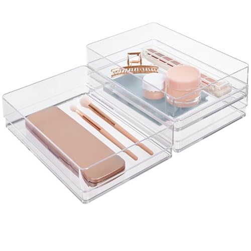 STORi SimpleSort 3-Piece Stackable Clear Drawer Organizer Set | 9" x 6" x 2" Rectangle Trays | Wide Makeup Vanity Storage Bins and Office Desk Drawer Dividers | Made in USA - size: 9x6x2"