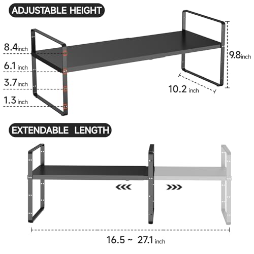 16.5-27’’L Expandable Kitchen Shelf Organizer, Stackable Shelves Organizer, Adjustable Height Pantry Spice Rack for Cabinet, Countertop, Pantry and Cupboard, Black - size: 1Pack-Common-10.2''Wx(16.5-27'')Lx9.6''H-Black