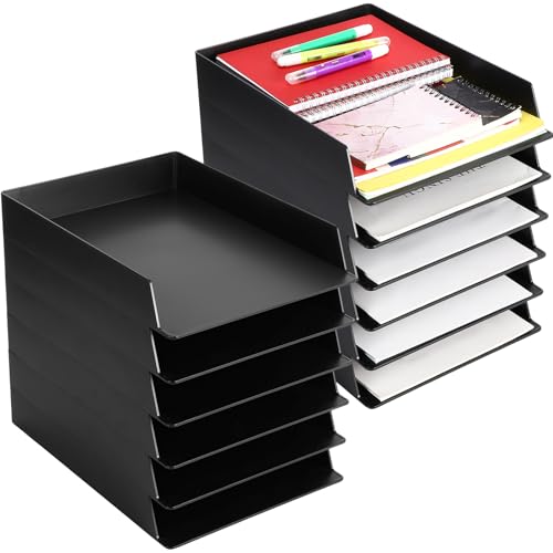 Wenqik 12 Pcs Stackable Paper Trays Rectangular Plastic Desk Holder Desktop Document File Organizer Storage Letter for Office Classroom (Black) - color: Black