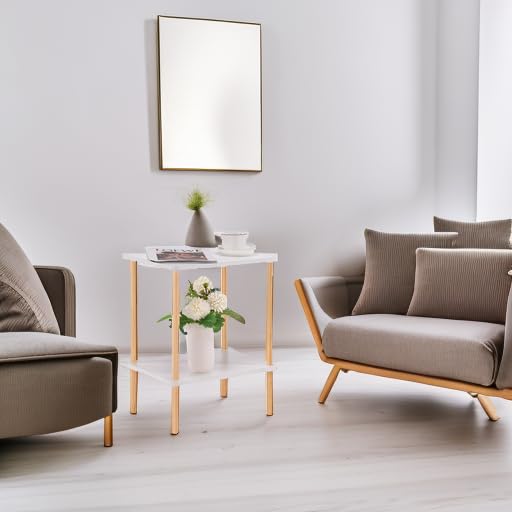 Apicizon 2 Tier End Table, Small Side Table with Solid Wood Legs, Boho Bedside Table with Storage Shelf, Nightstand for Small Spaces, Bedroom, Living Room, Entryway, Easy Assembly, White+Natural - color: White+natural, size: 1 Set, style: 2 Tier