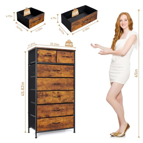 Mifuro Tall Dresser for Bedroom, Vertical Storage Organizer Tower with 7 Drawers, Chest of Drawers with Fabric Bins, Steel Frame, Wood Top for Bedroom, Closet, Entryway- Rustic Brown - color: Rustic Brown, size: 7 Drawers