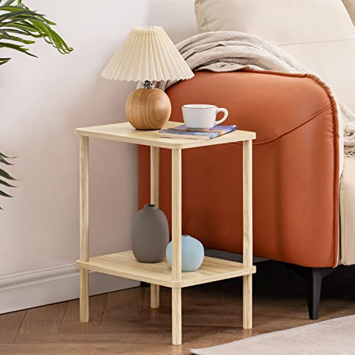 Apicizon 2 Tier End Table Set of 2, Small Side Table with Solid Wood Legs, Boho Bedside Table with Storage Shelf, Nightstand for Small Spaces, Bedroom, Living Room, Entryway, Light Natural - color: Light Natural, size: 2 Set, style: 2 Tier