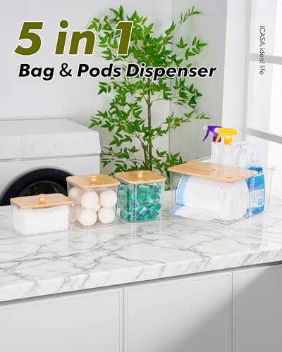 iCASA Trash Bag Dispenser Dishwasher Pod Holder - 5 in 1 Plastic Garbage Bag Under Sink Organizer, Acrylic Dryer Sheet Balls Laundry Pods Container with Bamboo Lid, Pantry Organizers and Storage Box - size: 5 in 1