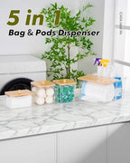 iCASA Trash Bag Dispenser Dishwasher Pod Holder - 5 in 1 Plastic Garbage Bag Under Sink Organizer, Acrylic Dryer Sheet Balls Laundry Pods Container with Bamboo Lid, Pantry Organizers and Storage Box - size: 5 in 1
