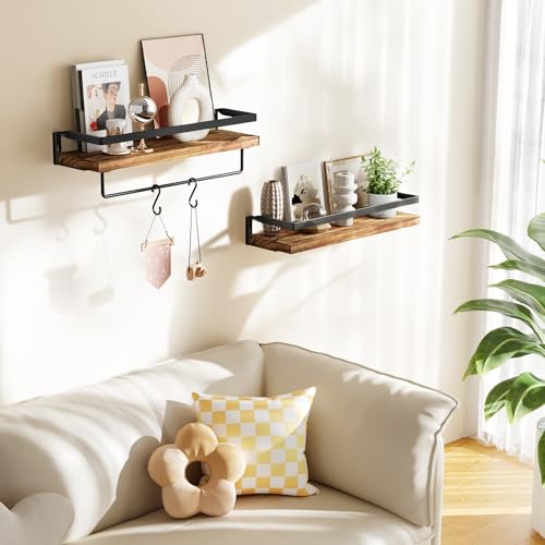AMADA HOMEFURNISHING Bathroom Shelves with Towel Bar, Floating Shelves, Wall Shelves for Bathroom/Living Room/Kitchen/Bedroom, Rustic Brown, Set of 2 - AMFS01BN - color: Rustic Brown