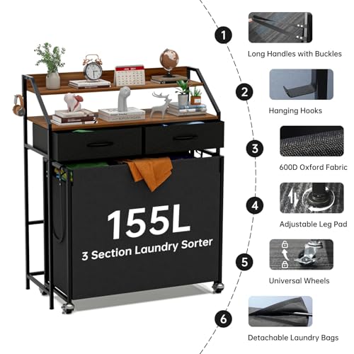 Laundry Sorter with 3 Section Pull Out Bags Rolling Laundry Basket Organizer with 2 Drawers Laundry Hamper with Shelves and Wheels for Laundry Room, Bathroom, Bedroom Organization(2 Tier) - size: 2 Tier