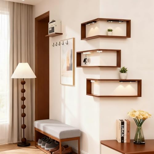Smart Corner Shelves that Light up Your Space, Set of 3 Corner Floating Storage Shelves,Wooden Wall-Mounted Corner Shelf Display Rack, Space-Saving (Set of 3(Includes LED Lights*6)) - size: Set of 3(Includes LED lights*6)