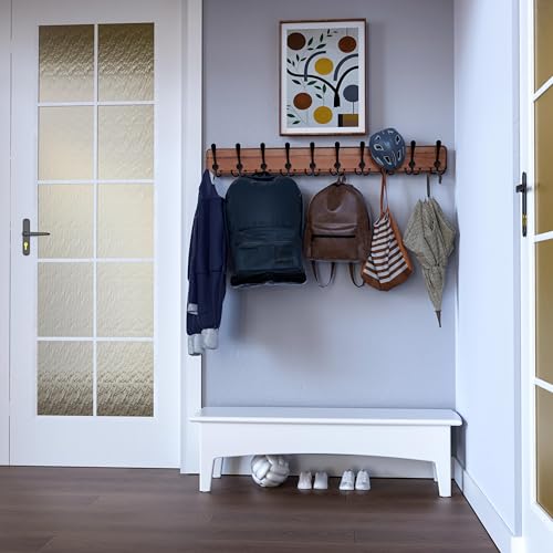 SKOLOO Rustic Large Coat Rack Wall Mount-38.6'' Long Coat Rack for Wall, Wood Coat Rack Hook, Farmhouse Coat Hanger Wall Mount for Hanging Jacket Coat - color: Brown Plate & Black Hook, size: 1 Item-10 Hooks