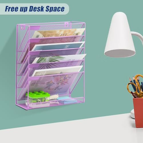 EASEPRES Desk File Organizer Mesh 6 Tier, Hanging Wall Mount Document Organization Stand, Desktop Vertical Mail Paper Folder Holder Rack with Bottom Tray for Office Home Cubicle, Light Purple - color: Light Purple, size: 6 Tier