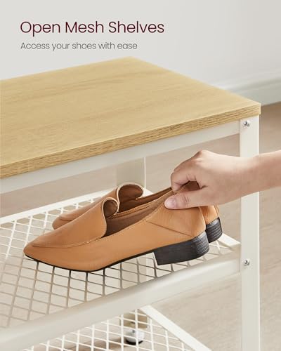 VASAGLE 3-Tier Shoe Rack, Shelf Storage Bench with Metal Mesh Shelves and Seat, Free Standing Shoe Organizer for Entryway, 11.8 x 28.7 x 17.7 Inches, Oak Beige and Classic White ULBS073W09 - color: Oak Beige + Classic White, size: 28.7"W x 17.7"H, style: