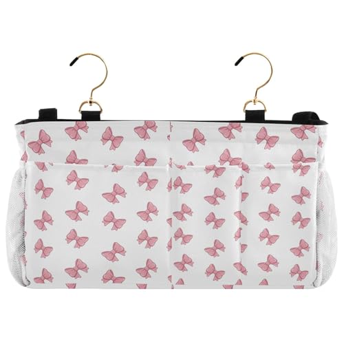 Bedside Caddy Hanging Storage Bag Pink Bows Print Bedside Organizer Caddy for Bunk, Dorm Room, Hospital Beds - Place Magazines / Remotes / Keys