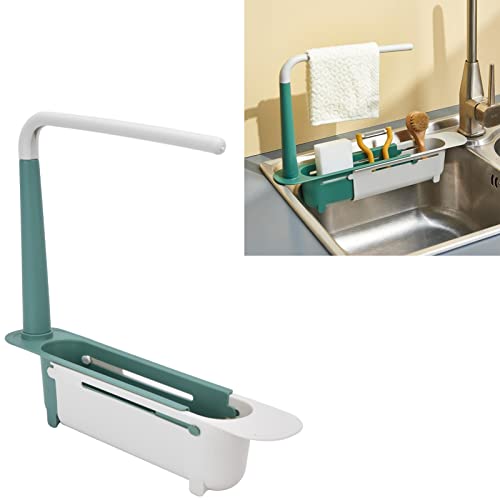 Zerodis Telescopic Sink Storage Rack, Telescopic 2in1 Sink Expandable Storage Drain Basket Towel Rack Under Sink Organizers Telescopic Sponge Soap Holder for Kitchen Sink (Green) - color: Green