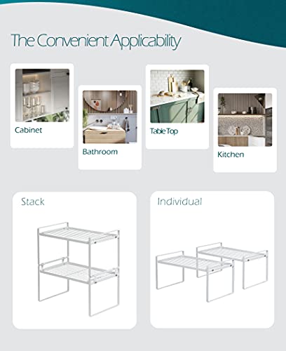 Shantton 2 Pack Kitchen Cabinet Shelf Counter Organizer Rack Pantry Storage Bathroom Bedroom Office Table Desk Space Saving Steel Frame Stackable Rust Resistant Non Slip White - color: White, size: L13" W8.3" H7.3"