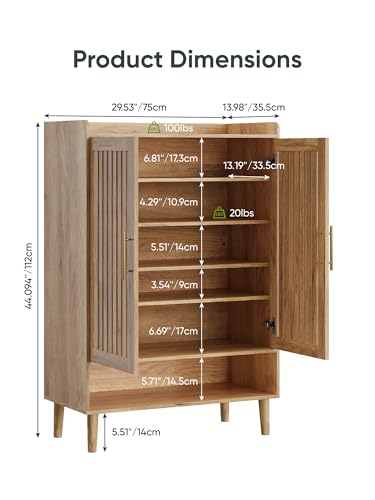 Smart FENDEE 6-Tier Shoe Storage Cabinet with 2 Slatted Doors, Large Wooden Shoe Cabinet with Gold Handle, Hidden Entryway Shoe Organizer for Hallway, Foyer, Natural Oak - color: Natural Oak, size: 44" H