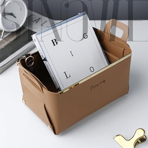 Decorative Faux Leather Basket,Small Catchall Basket for Entryway Bedside Dresser End table,Foldable Rectangle Tray Organizer Box (Brown) - color: Brown
