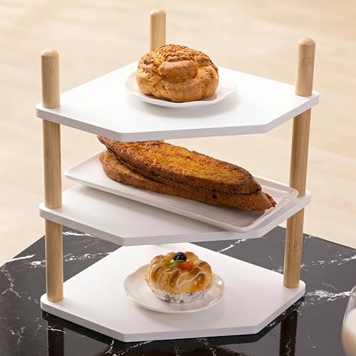 3-Tier Expandable Bamboo Corner Shelf - Dish/Plate Organizer for Cabinet, Kitchen Counter Shelf & Small Kitchen Shelf, Adjustable (White, 1-Pc 3.90" H) - color: 3.9"H-White-3