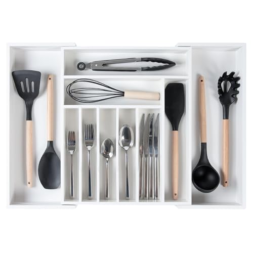 KitchenEdge Premium Silverware, Flatware and Utensil Organizer for Kitchen Drawers, Food-Safe Contract Grade, Expandable from 14.5 to 25 In, White Bamboo - color: White Bamboo, size: From 14.5" to 25" wide