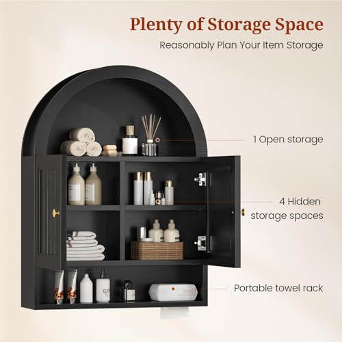 UPOSOJA Arched Bathroom Wall Cabinet, 27.4 x 36.4'' Over The Toilet Cabinet with Grille Door, Adjustable Shelf, Wall Mounted Cabinets for Bathroom Laundry Room Kitchen (Black, 36IN) - color: Black, size: 36IN