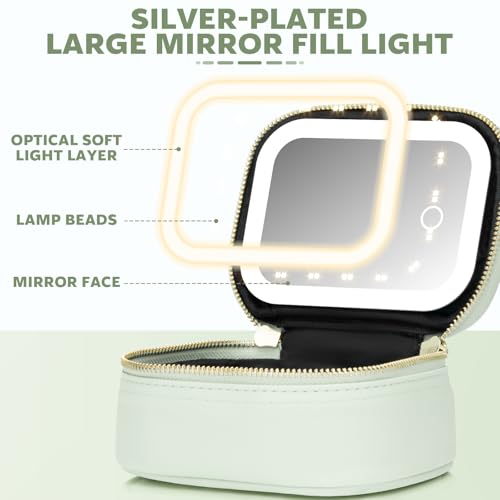 Mini Makeup Bag with Led Mirror, Small Travel Make up Bag 3 Light Modes Adjustable Brightness, for Women Organizer Cosmetic Bag, Portable Travel Train Toiletry Bag, for Pool Parties Work Touch-Ups - color: Mint Green
