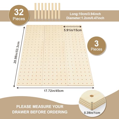 Kigley 3 Pcs Wood Pegboard Drawer Organizer with 32 Pegs Wooden Peg Board Drawer Shelf Organizer Adjustable Peg System for Dishes Plate Pot Container Cookware Utensil Kitchen(20.98 x 5.91 in) - size: 20.98 x 5.91 in