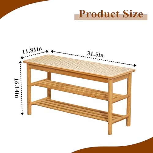 Bamboo Entryway Bench with Woven Rattan Seat, 2-Tier Shoe Storage Bench for Hallway & Entryway 31.5 inches Nature - color: Nature, size: 31.5 inch