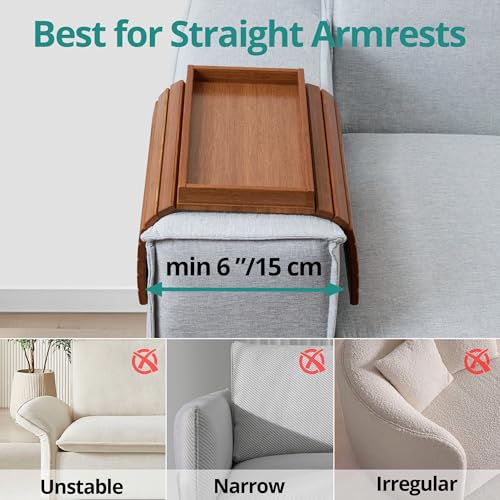 DETOR Couch Arm Tray with Spacious 12.4" x 5.4" Storage Box, Acacia Stained Bamboo Finish, Enhanced Non-Slip Felt Bottom, Sturdy Bamboo Slats, Fits Armrests 6" and Wider - color: Acacia Stained