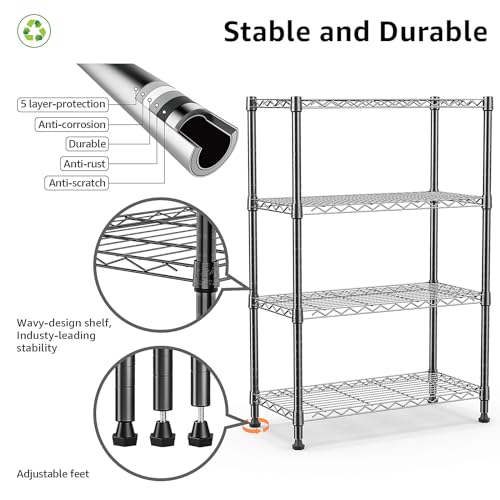 M MZG 1000 lbs Storage Shelving Steel Heavy Duty 4-Tier Utility Shelving Unit Steel Organizer Wire Rack for Home,Kitchen,Office (13.7" D x 29.5" W x 47.2" H) - color: Black, size: 4 Tier 13.7" D x 29.5" W x 47.2" H