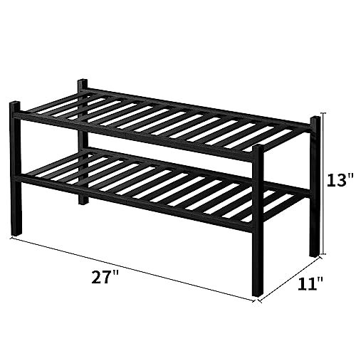 ROMGUAR CRAFT 2 Tier Bamboo Shoe Rack for Closet Free Standing Wood Shoe Shelf for Entryway Small Space Stackable 27"x11"x13" (Black) - color: Black, size: 2 Tier