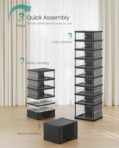 SONGMICS Foldable Shoe Storage Organizer for Closet, Stackable Sneaker Cabinet with Magnetic Door, Large Plastic Container Bins for Entryway, 9-Tier for 18 Pairs, Transparent and Ink Black ULSP918BH01 - color: Transparent + Ink Black, size: 9 Tiers (18 Pa