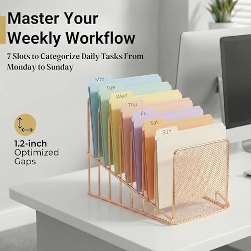 Simmer Stone Rose Gold Desk Organizer 7 Slot Inclined Vertical File Folder Holder Sorter with Mesh Front – Metal Wire Rack for Mail, Slim Binders, Books Office Organization & Desktop Accessories - color: Rose Gold