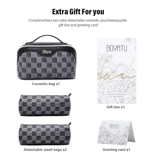 BOYATU Travel Makeup Bag for Women: Large Cosmetic Bag Set of 3 - PU Leather Make up Bag with Compartments - Compact Waterproof Toiletry Bag with Divider & Handle (D-2-Black) - color: D-2-Black