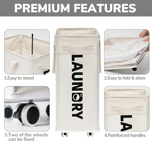 Goodpick Laundry Baskets with Wheels and Handle, 2-Pack 75L Collapsible Laundry Baskets, Clothes Laundry Basket with Removable Wash Bags for Corner Dorm, White Rolling Laundry Hamper - color: White 2-Pack