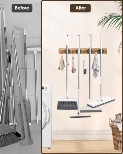 AceMining Broom Holder Wall Mounted, 2 Pack 4 Holders and 4 Hooks Mop Holder, Wooden Mop and Broom Holder with Anti slip rubber, Natural pine wood Brush Holder, Mop Wall Holde with Nail installation - color: Brown, size: 2 Pack