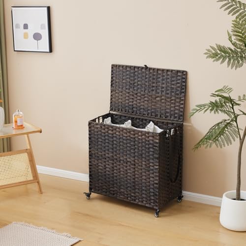 Laundry Hamper with Wheels, 39.6 Gallon(150L) Rolling Laundry Basket with Lid, 3-Section Rattan Clothes Hamper with 3 Removable Liner & 3 Mesh Bags, Laundry Sorter with Side Pocket, Brown - color: Brown, size: 150L（23.62 x 15.75 x 25.6 Inches）