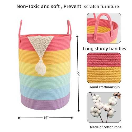 Woven Cotton Rope Laundry basket-16”X22” Laundry Hamper-Rope Storage Basket for Dirty Clothes, Toys and Blankets Perfect for Bathroom, Baby nursery and Living Room Storage (rainbow, Large) - color: rainbow, size: Large