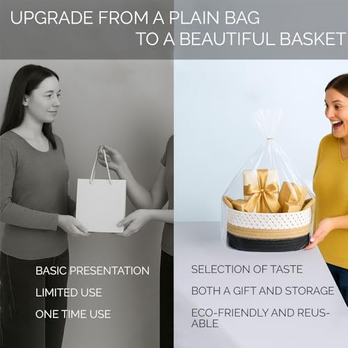 Yimi's Dream Cotton Rope Basket – Woven Gift Basket with Handles, Decorative Storage Basket for Baby Shower, Housewarming, Nursery, Toys, Laundry, Towels - color: brown&black with brown handle, size: Oval - 12"x8"x5"