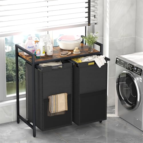Huhote Laundry Hamper, double Laundry Basket, Laundry Sorter with Top Shelf & 2 Removable Washable Bags & Side Pockets for Laundry Room organization, Bathroom and Dorm, Rustic Brown and Black - color: 2 bags-Black